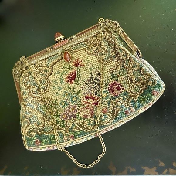 VINTAGE, LOVELY VICTORIAN EVENING BAG. MICRO PETIT POINT FLORAL EMBROIDERY. - Picture 1 of 7